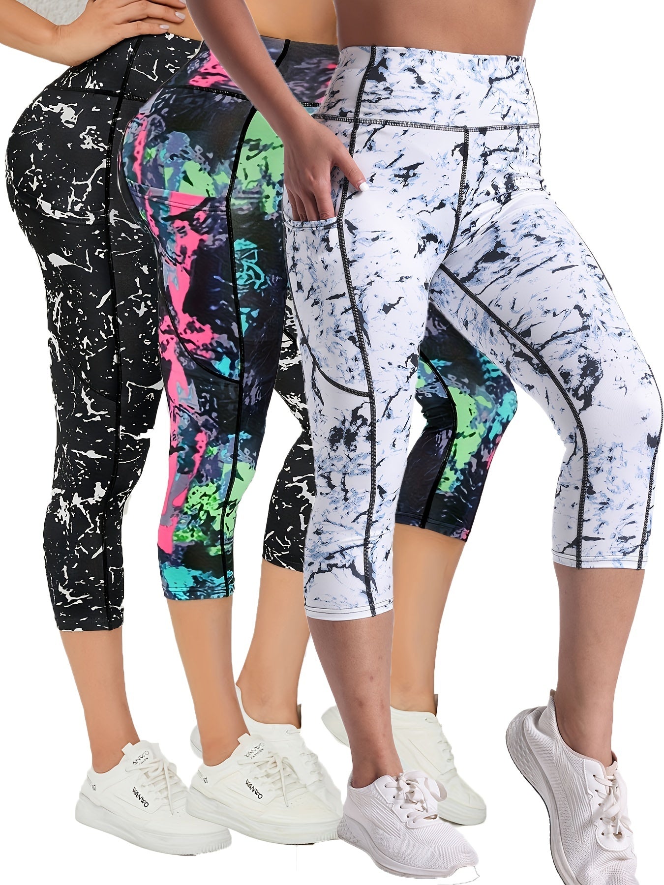 3pcs High Waist Yoga Capris Pants For Women, Tummy Control Workout Capri Leggings With Pockets, Fitness Running Capri Pants
